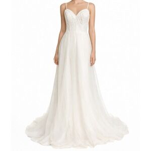 Lulus Wedding Dress Maxi Lace Pearl Beaded Tulle Spaghetti Strap White Medium